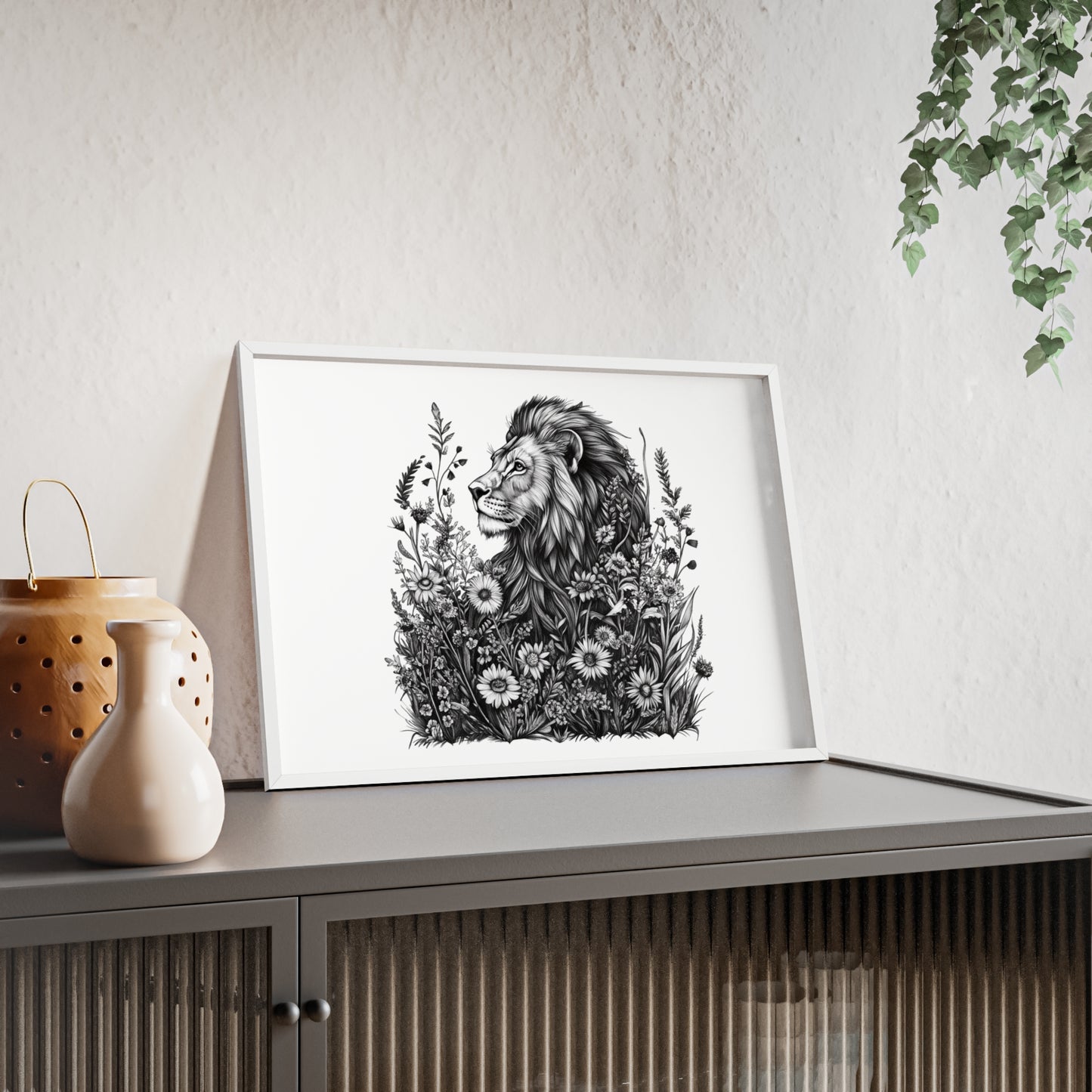 Löwe mit Wildblüten