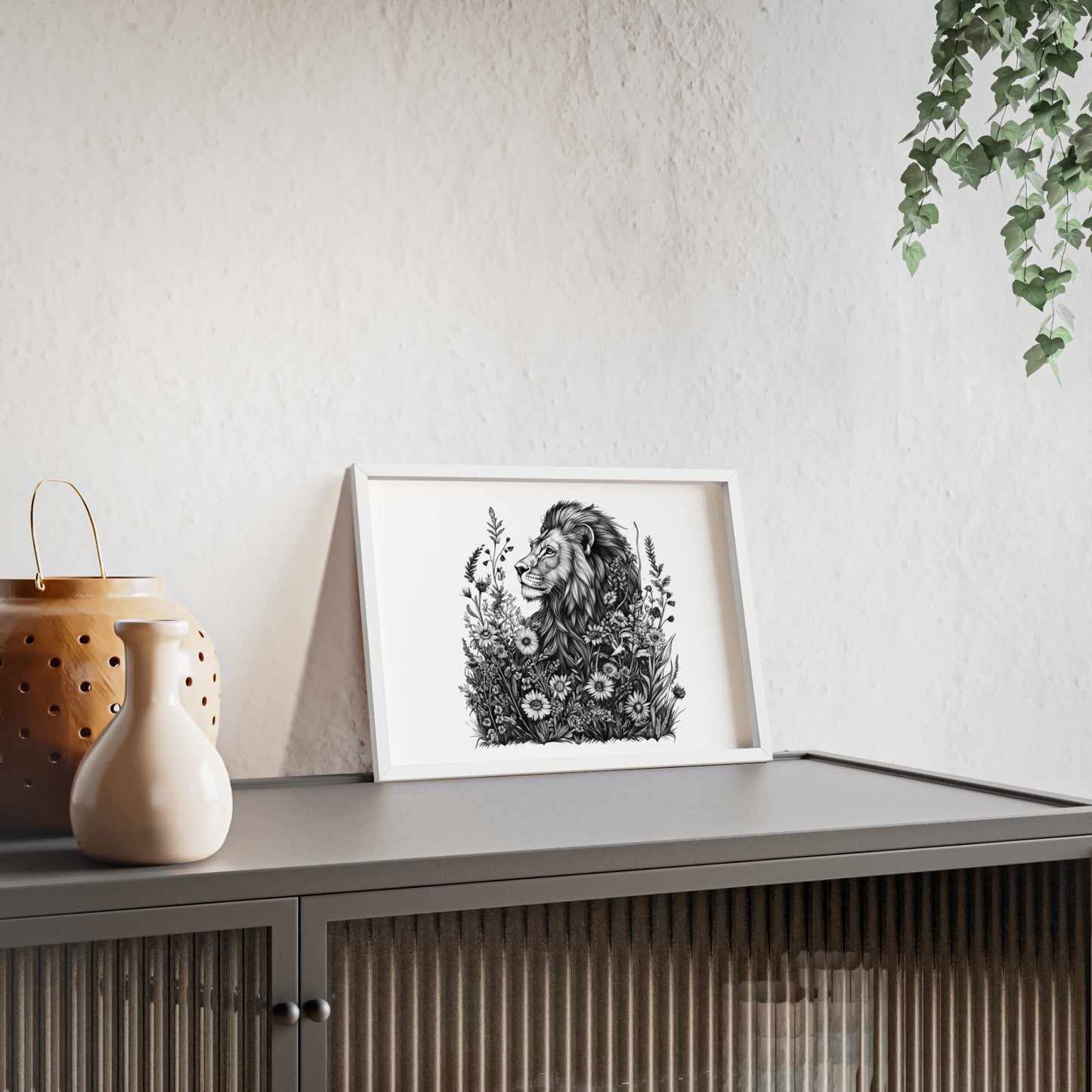 Löwe mit Wildblüten