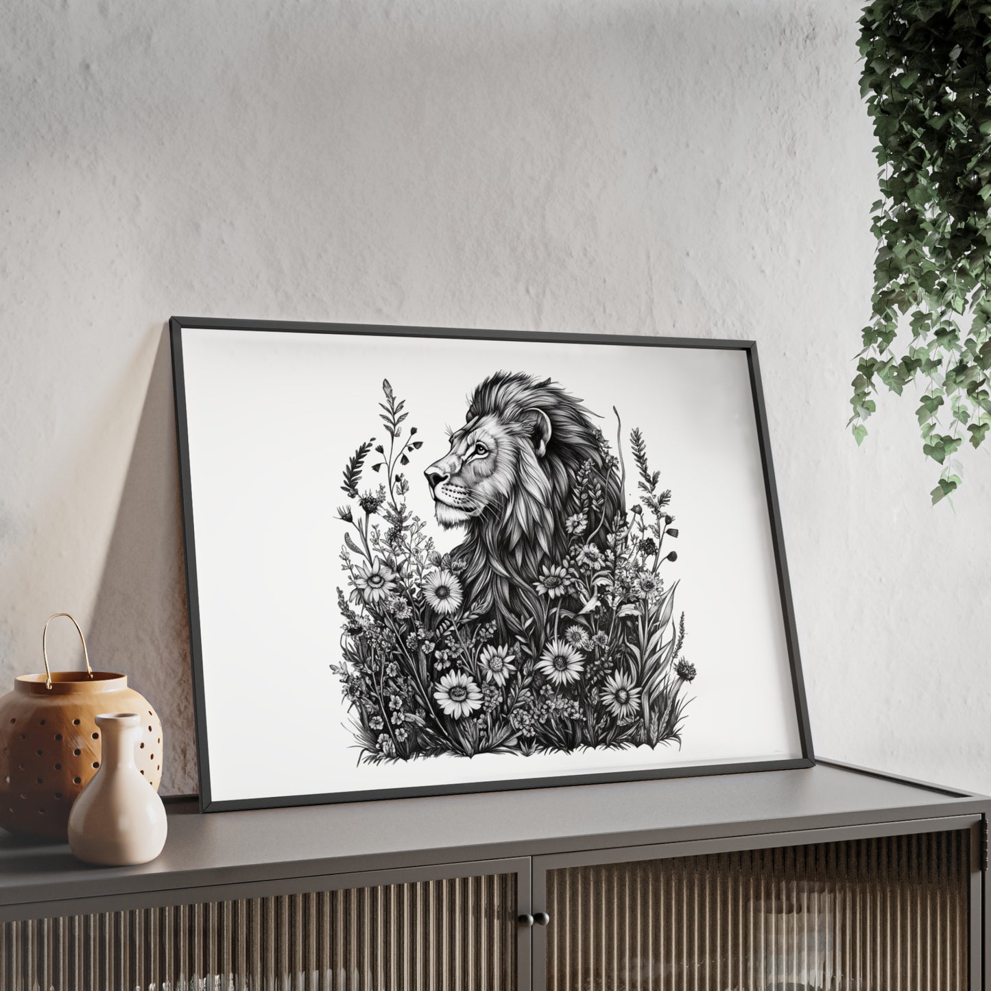 Löwe mit Wildblüten