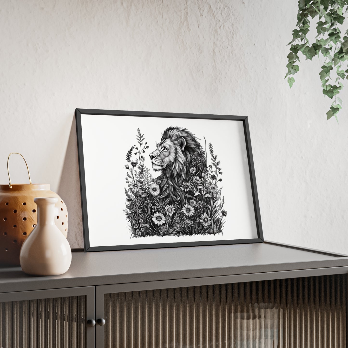 Löwe mit Wildblüten