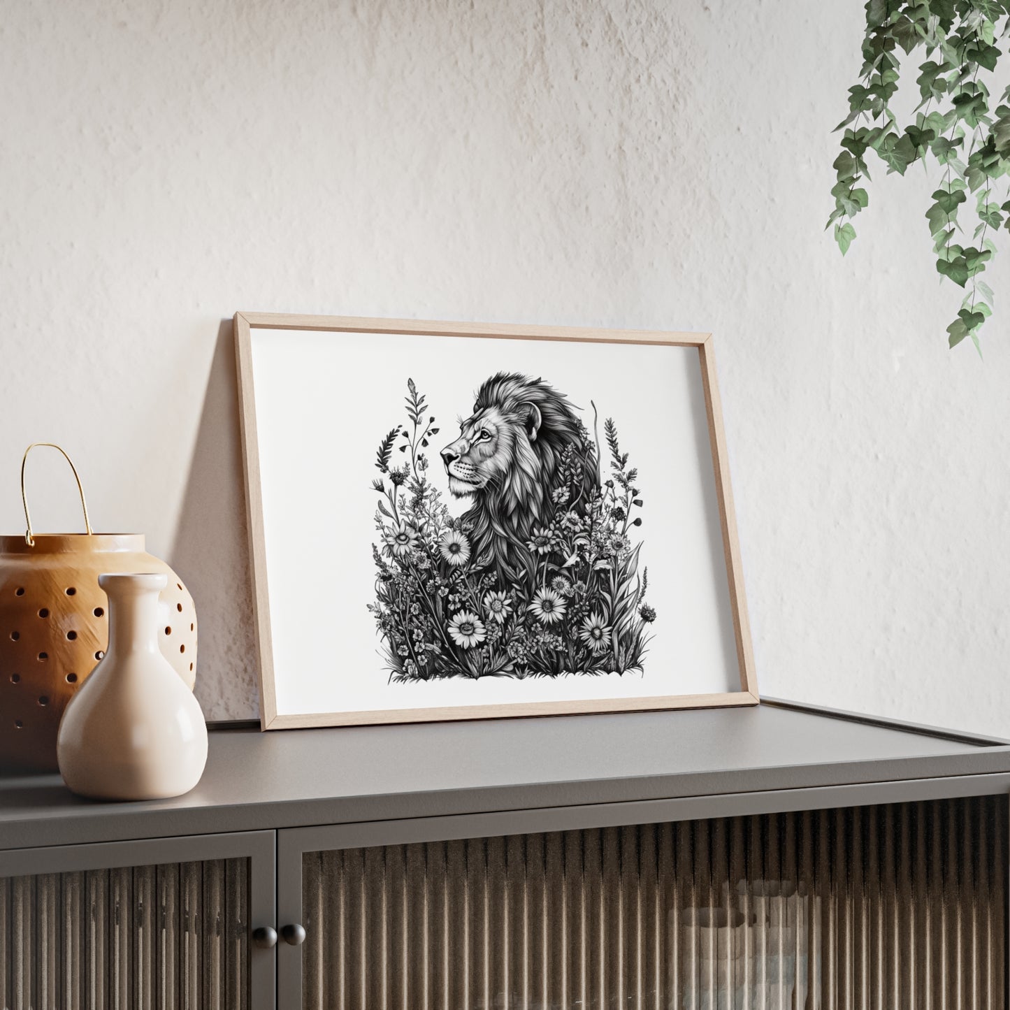 Löwe mit Wildblüten