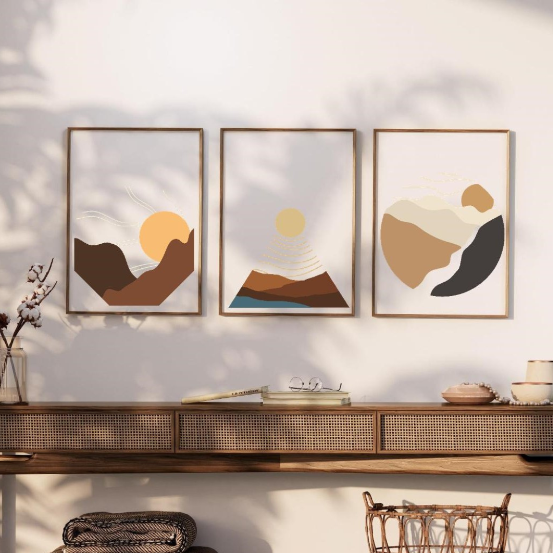 3er Set Poster - Boho Design: Sonnenuntergang über den Bergen