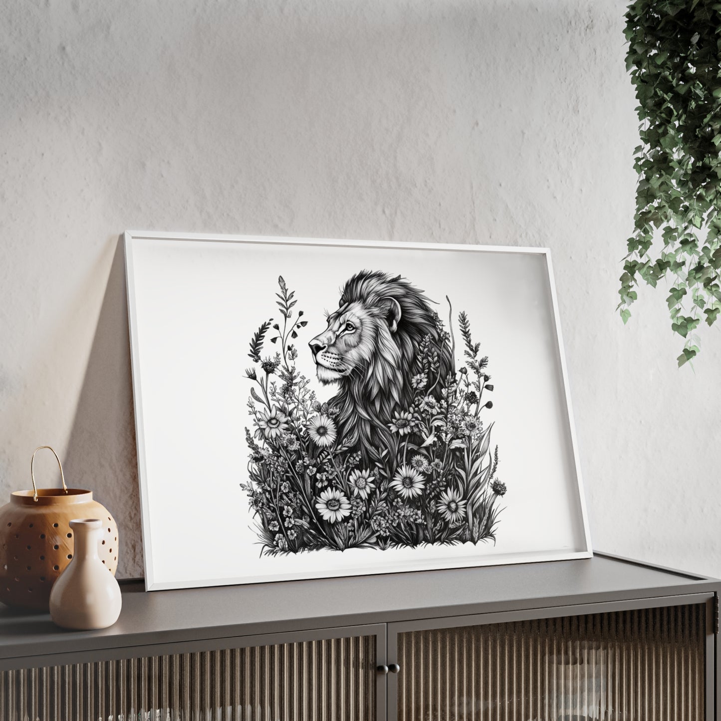 Löwe mit Wildblüten